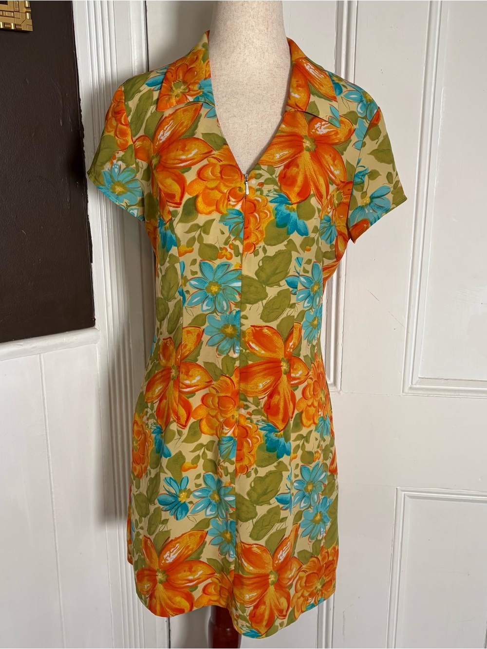 Vintage 90s N.O.E. Floral Mini Dress S Orange Blue Front Zip Made Brazil